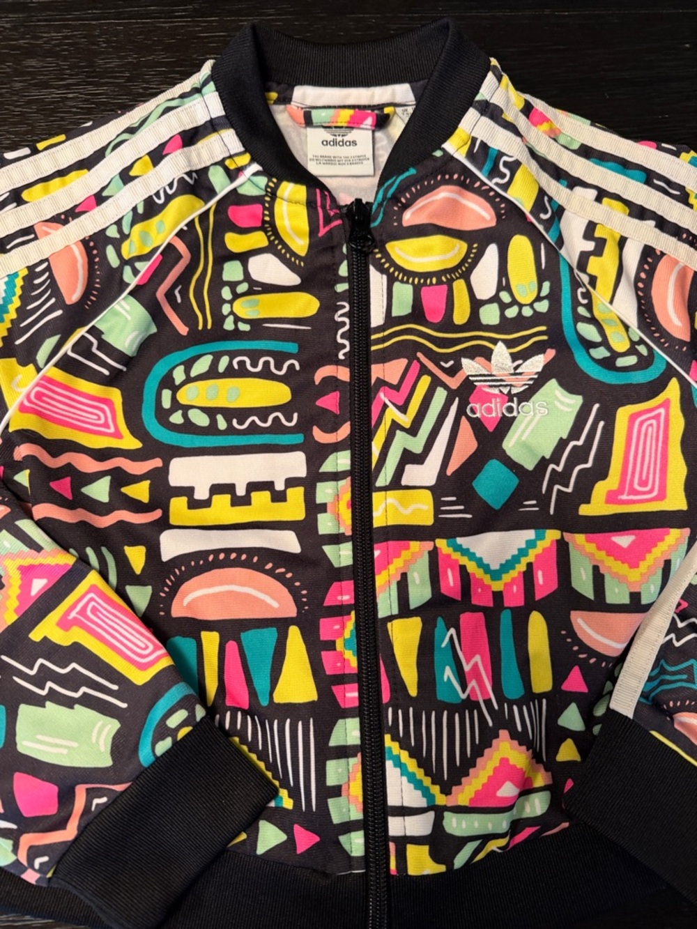 Girls size 7-8 XS Adidas Black Multicolor Abstract Graphic Track Jacket